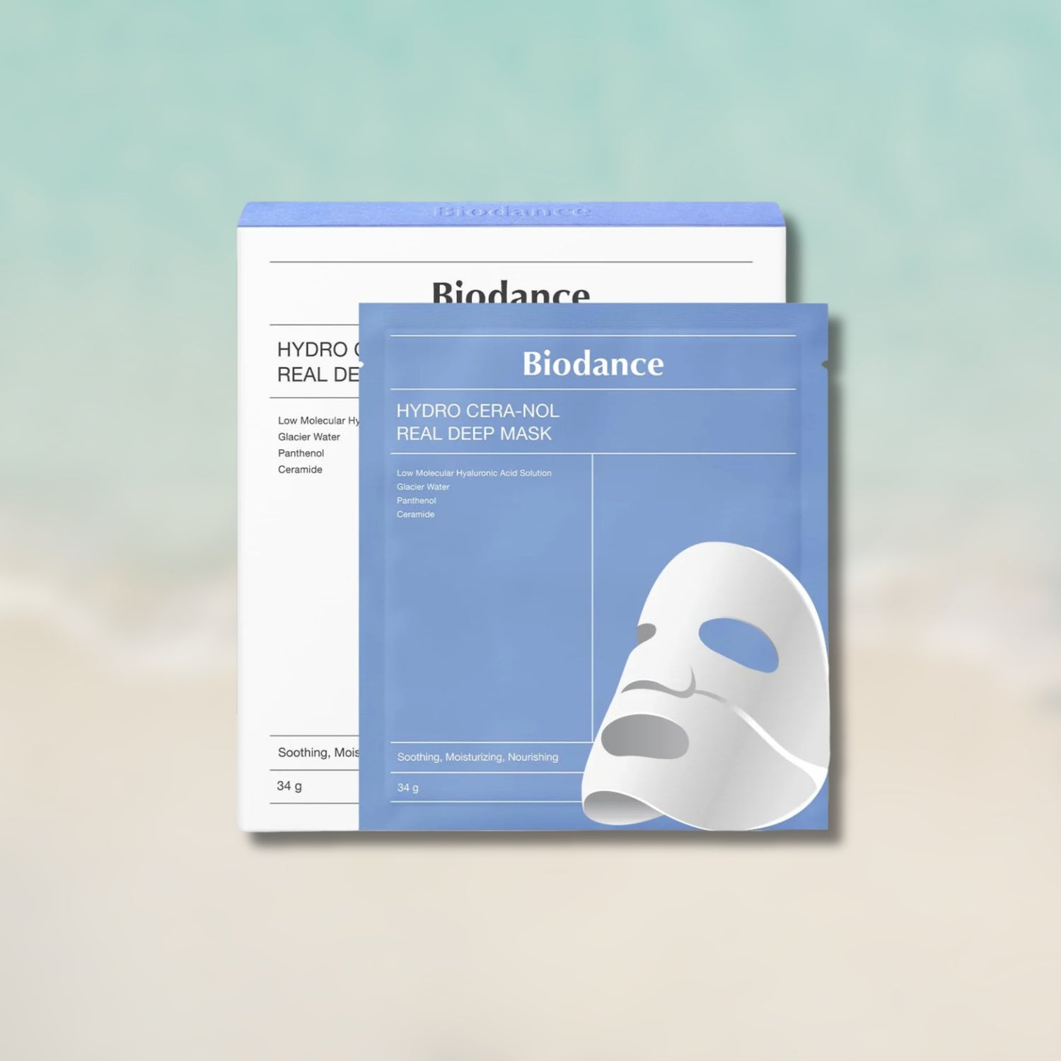Biodance Hydro Cera-Nol Real Deep Mask termékfotó: fehér doboz és kék arcmaszk csomagolás illusztrált maszkkal.